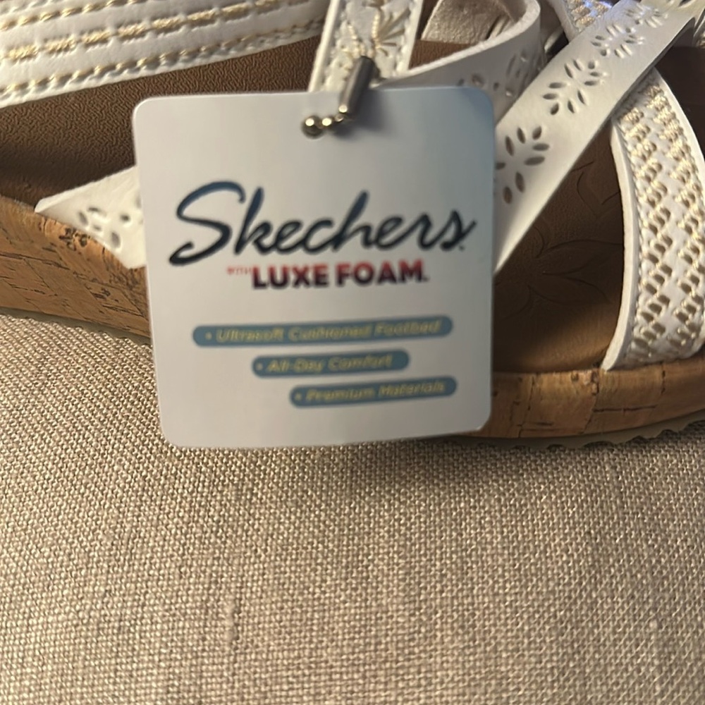 Skechers White Tan Sandals with Adjustable Straps and Contoured Footbeds - Picture 6 of 6